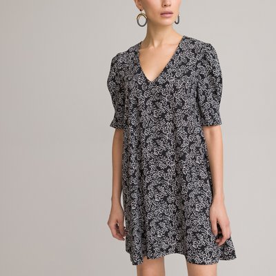 Recycled Floral Mini Dress with V-Neck and Short Sleeves LA REDOUTE COLLECTIONS