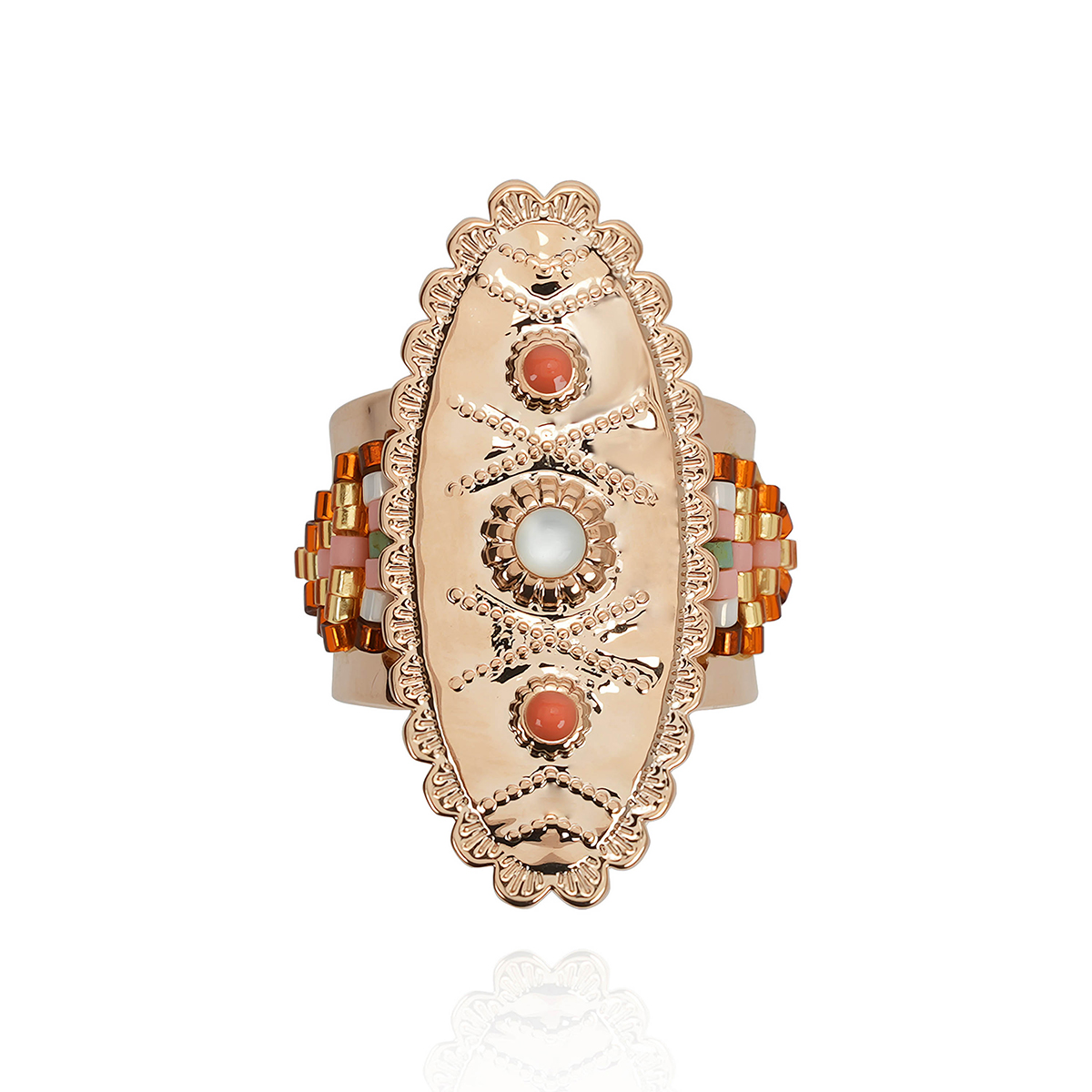 Bague réglable cabochon central martelé et perles TALSIE, HIPANEMA