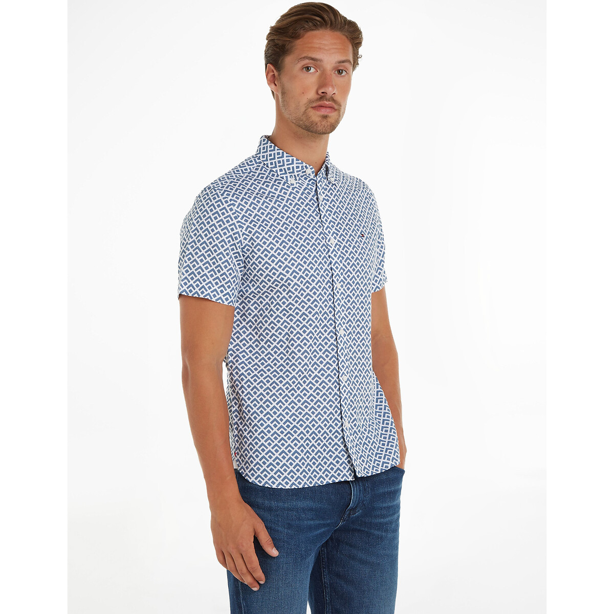 Image of Printed Cotton/Linen Shirt with Short Sleeves