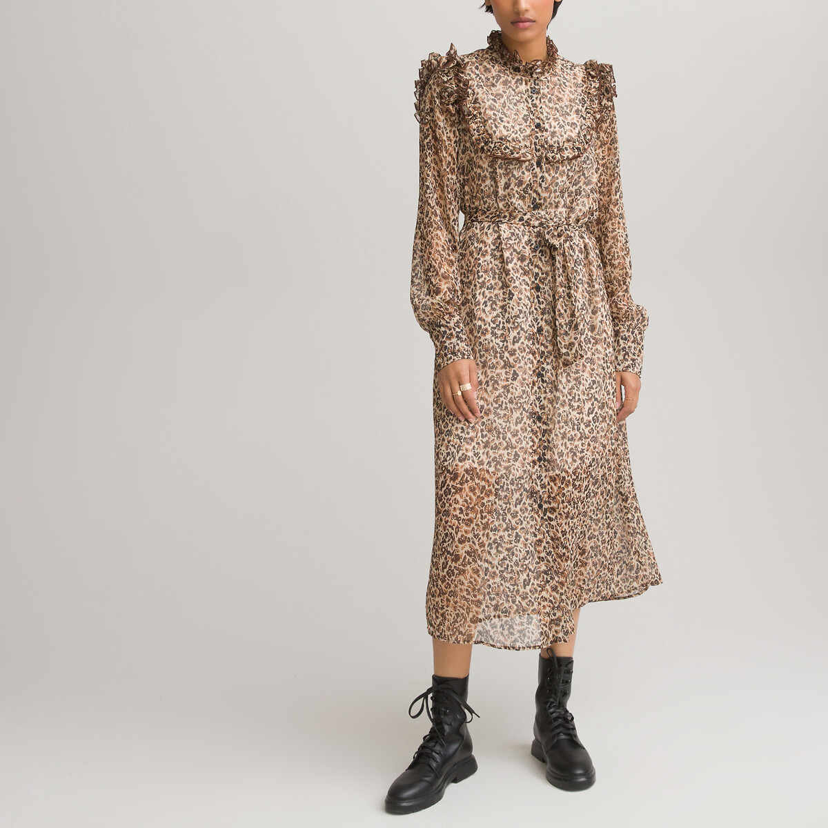 Vestido camisero largo amplio, con detalles de volantes estampado de leopardo La Redoute Collections | La Redoute
