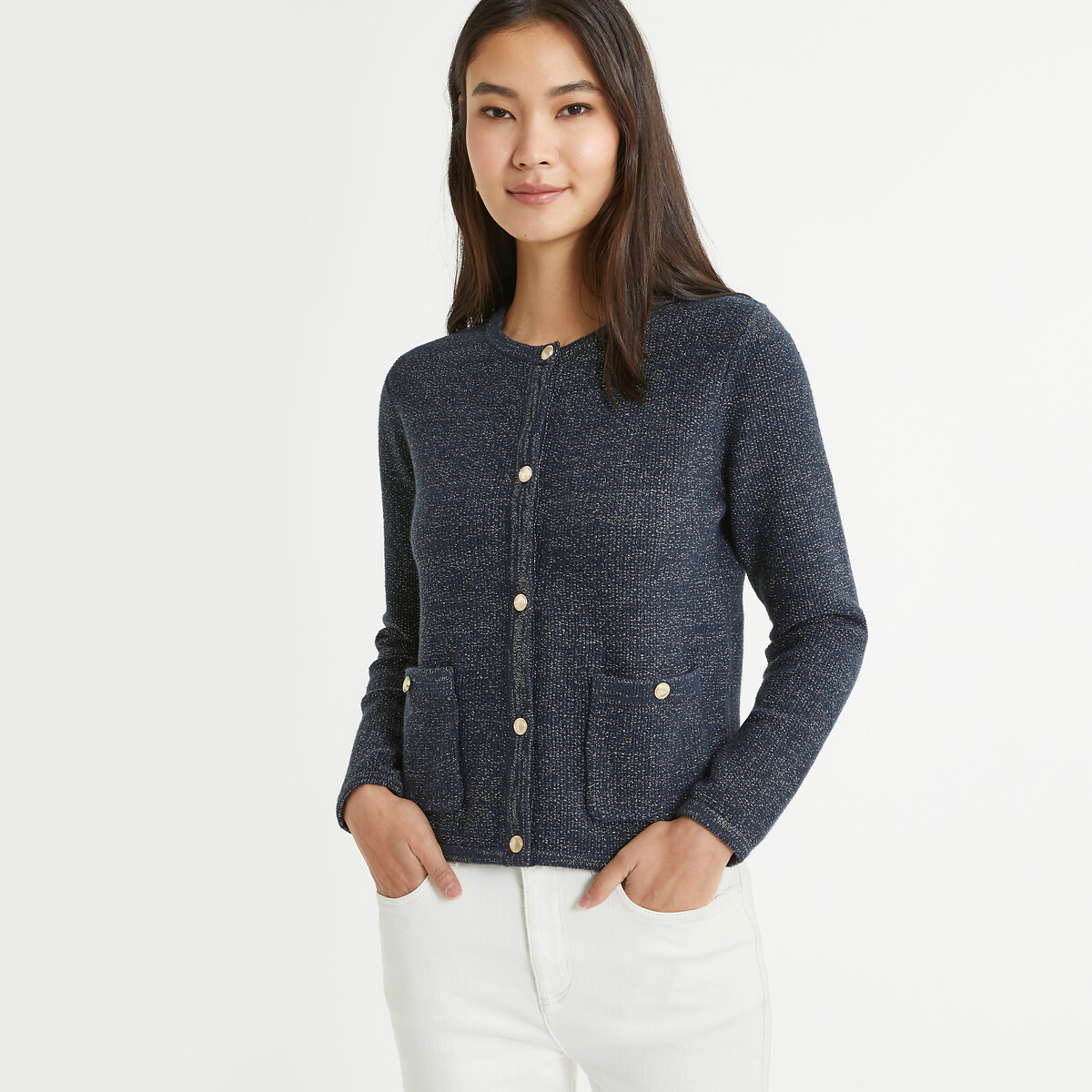 Buttoned Crew Neck Cardigan in Fine Knit