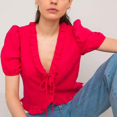 Linen Mix Blouse with Ruffled V-Neck and Short Puff Sleeves LA REDOUTE COLLECTIONS