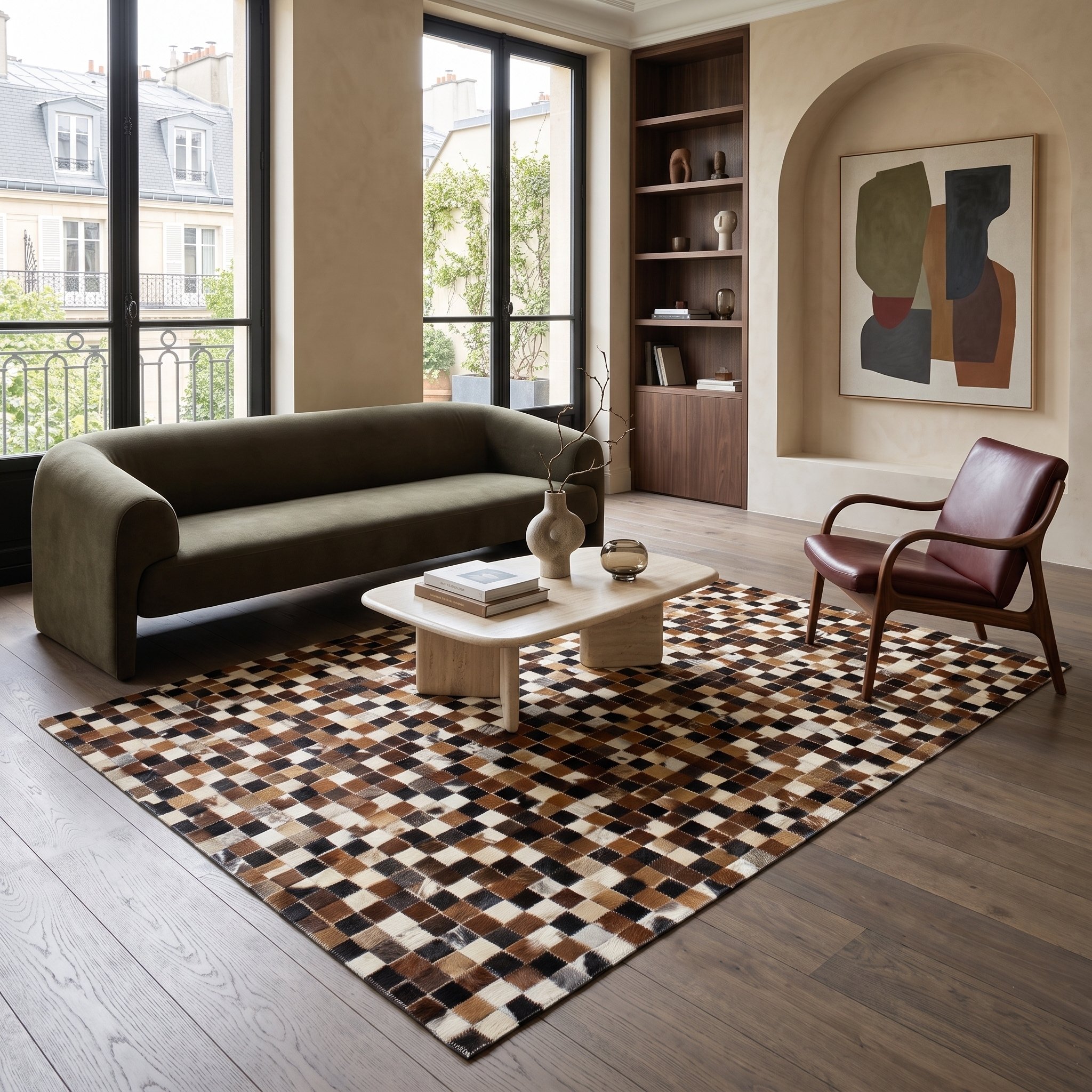 Tapis en cuir recyclé motif damier CUIR, THE DECO FACTORY
