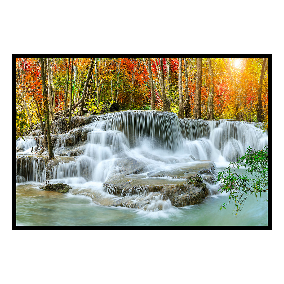 Affiche encadrée – Cascade en forêt automnale, HEXOA