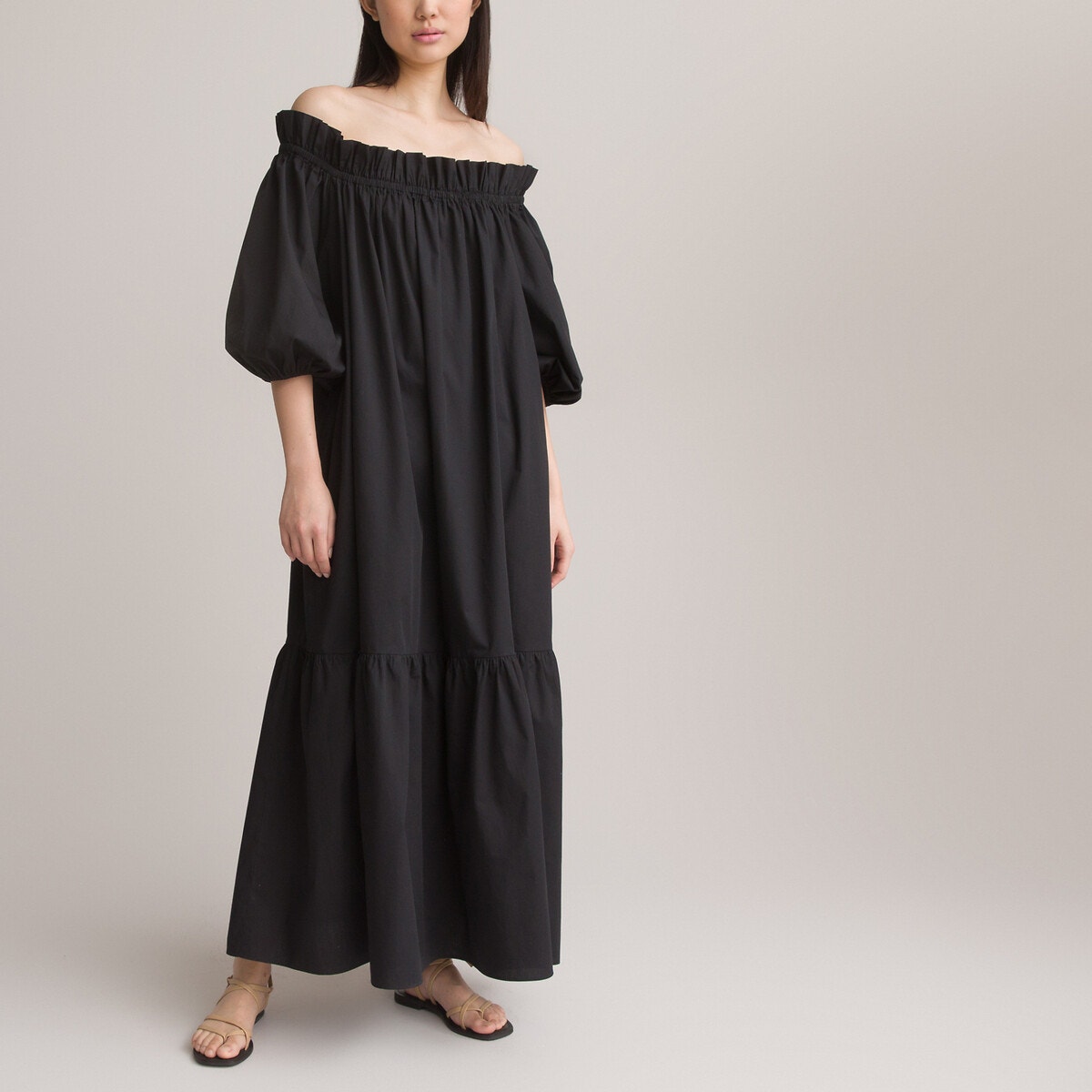 Robe longue col rond manches courtes bouffantes vert La Redoute