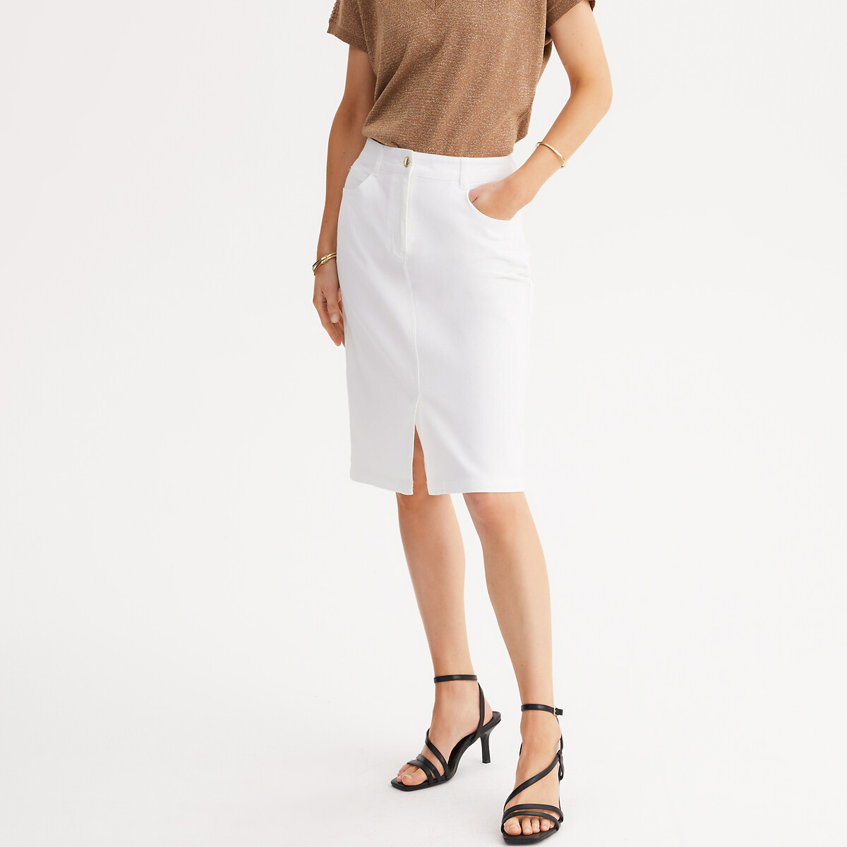 Jupe droite, coton stretch, mi-longue