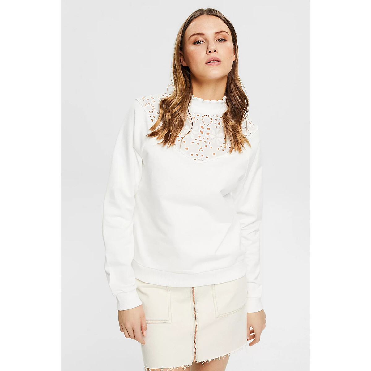 Sweater met kant en ronde hals wit Esprit | La Redoute