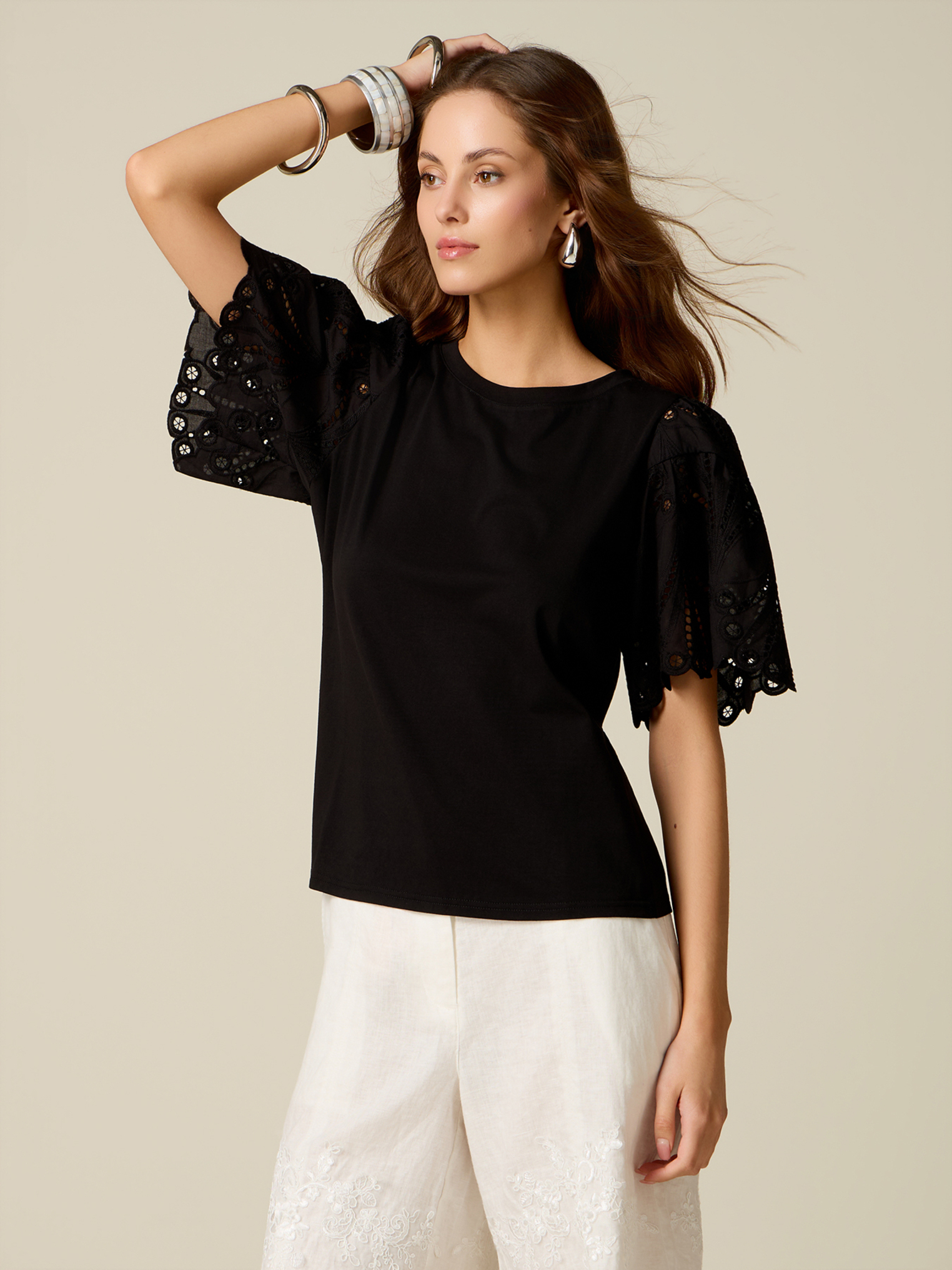 T-shirt avec manches en broderie anglaise, OLTRE