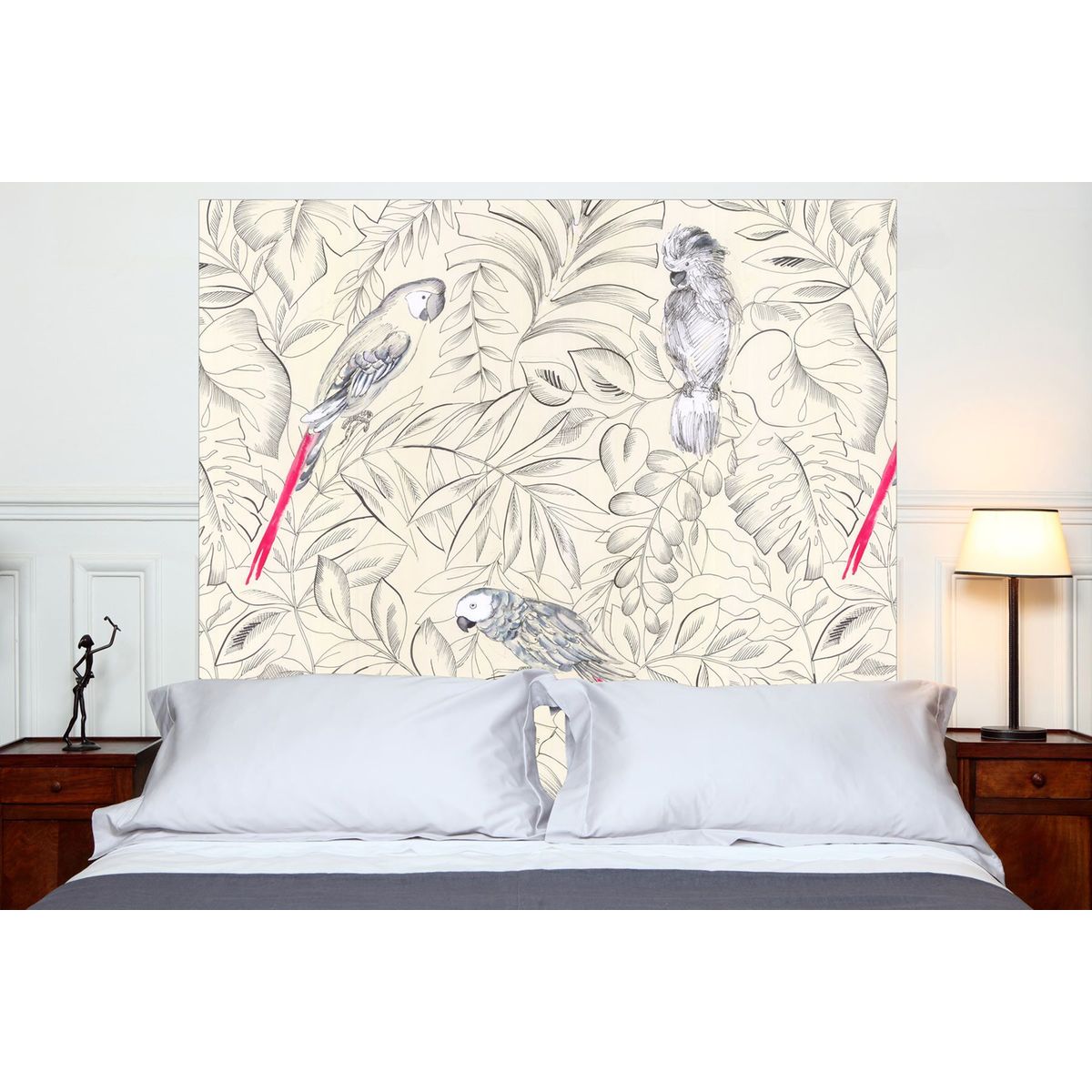 Tête de lit en tissu Perroquets, fixation murale