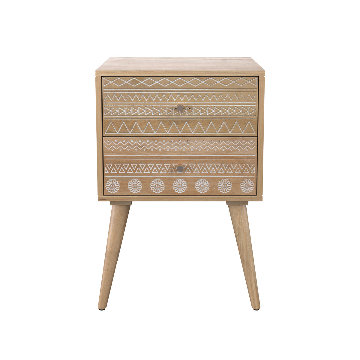 Table de chevet en bois de manguier gravé 2 tiroirs - TINY, MAISON PAVANE