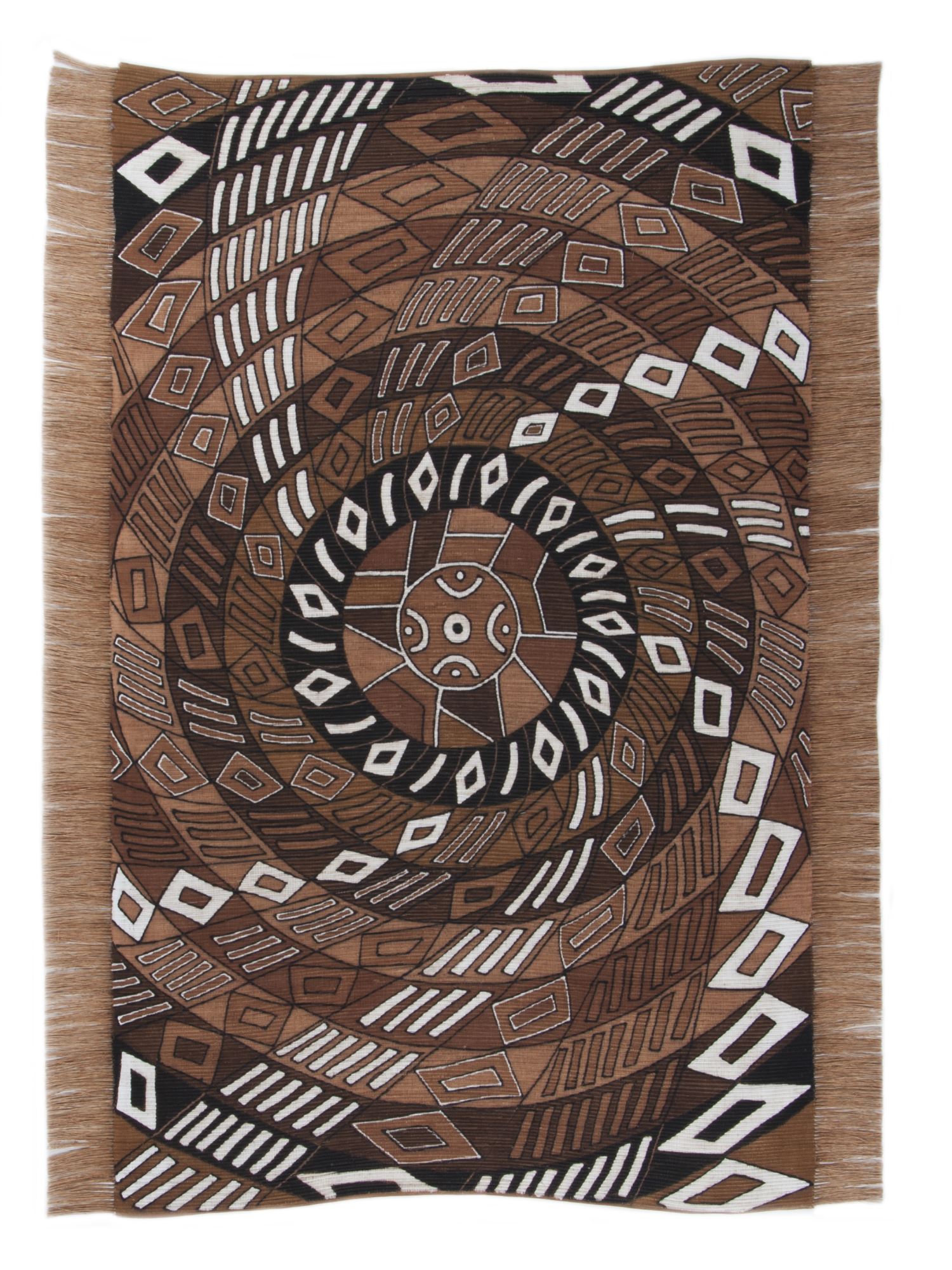 Tapis salon Bogolan fait main, plat, franges, THEKO