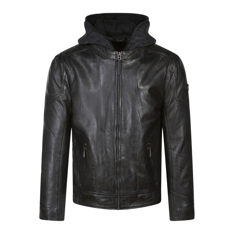 Blouson anthracite en cuir de mouton à coupe droite et avec un col à capuche, GIPSY