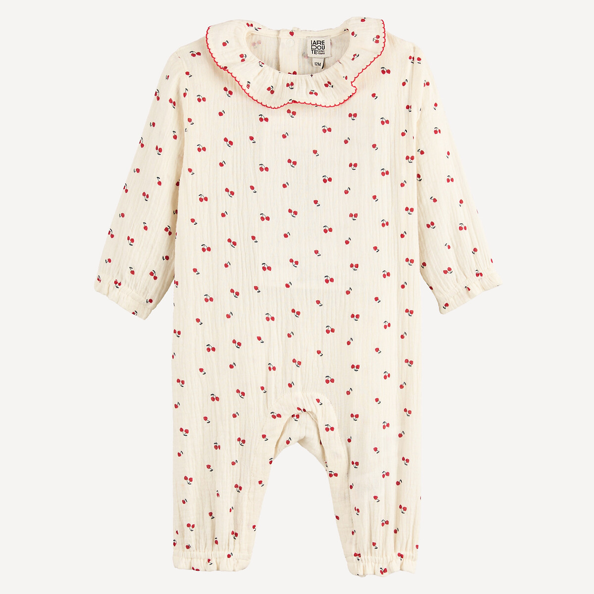 Lange jumpsuit van tetra, met een Claudinekraag en een kersenprint, LA REDOUTE COLLECTIONS