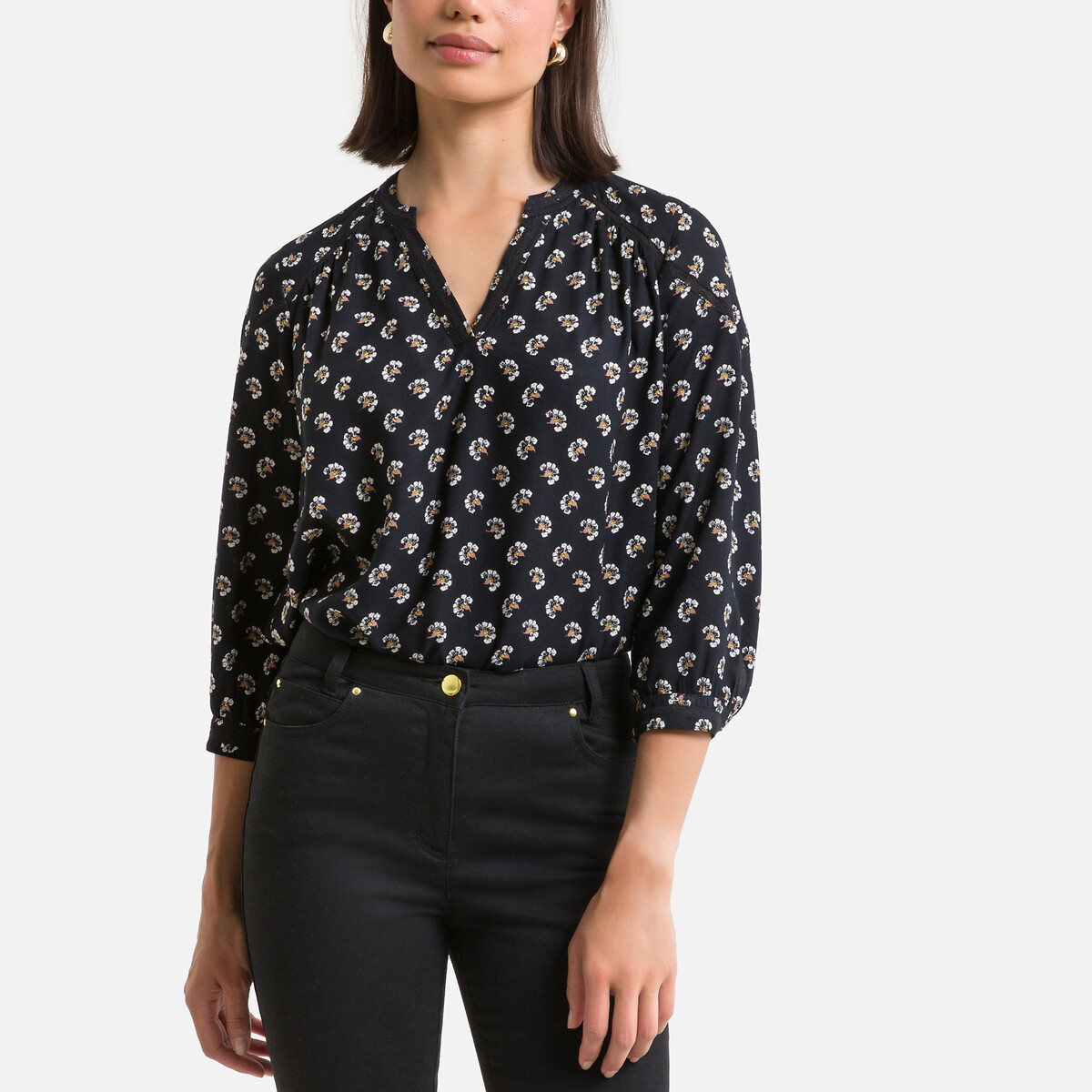 Floral grandad collar blouse with 3/4 length sleeves , print/black ...