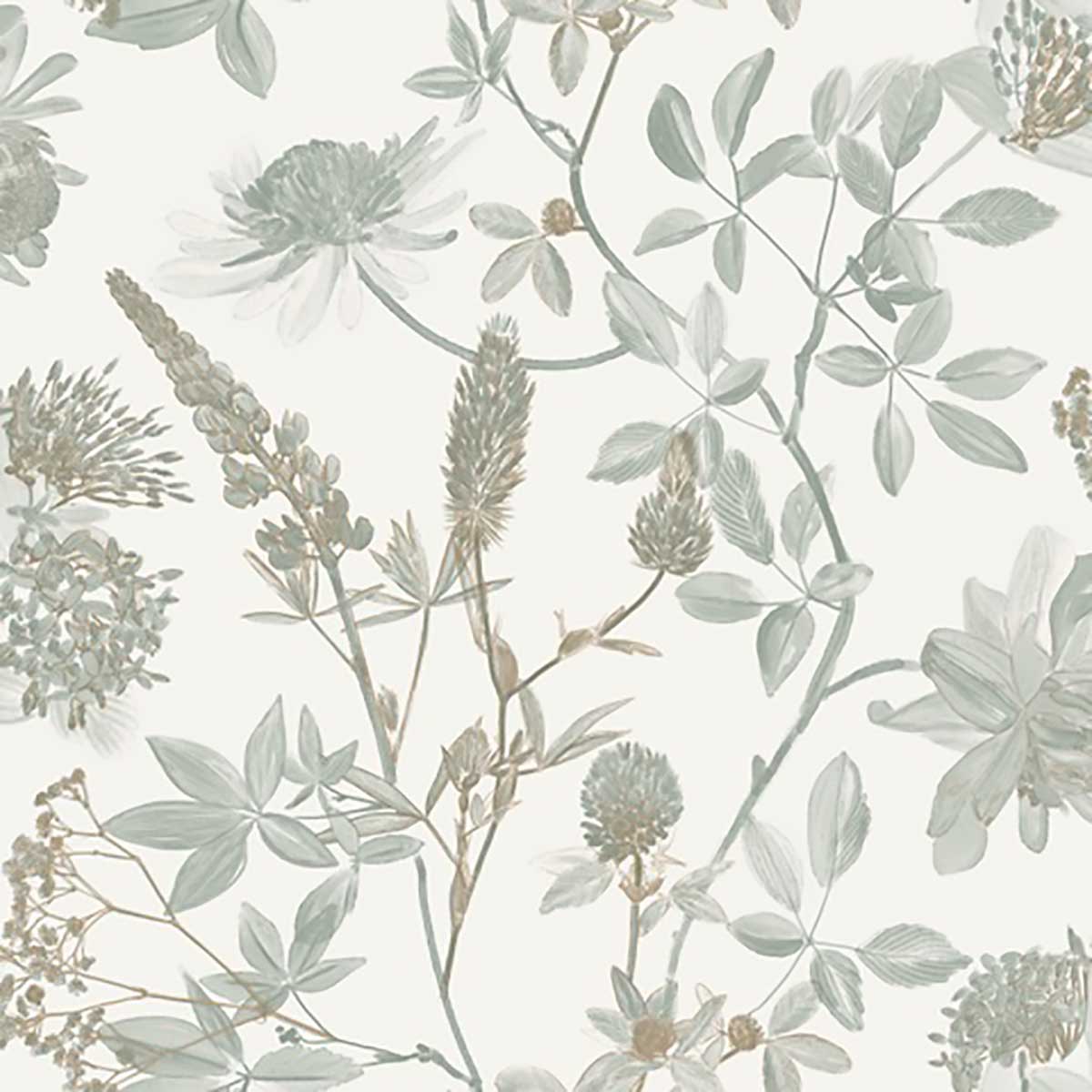 Papier peint floral botanique vert sauge fond blanc, HEXOA