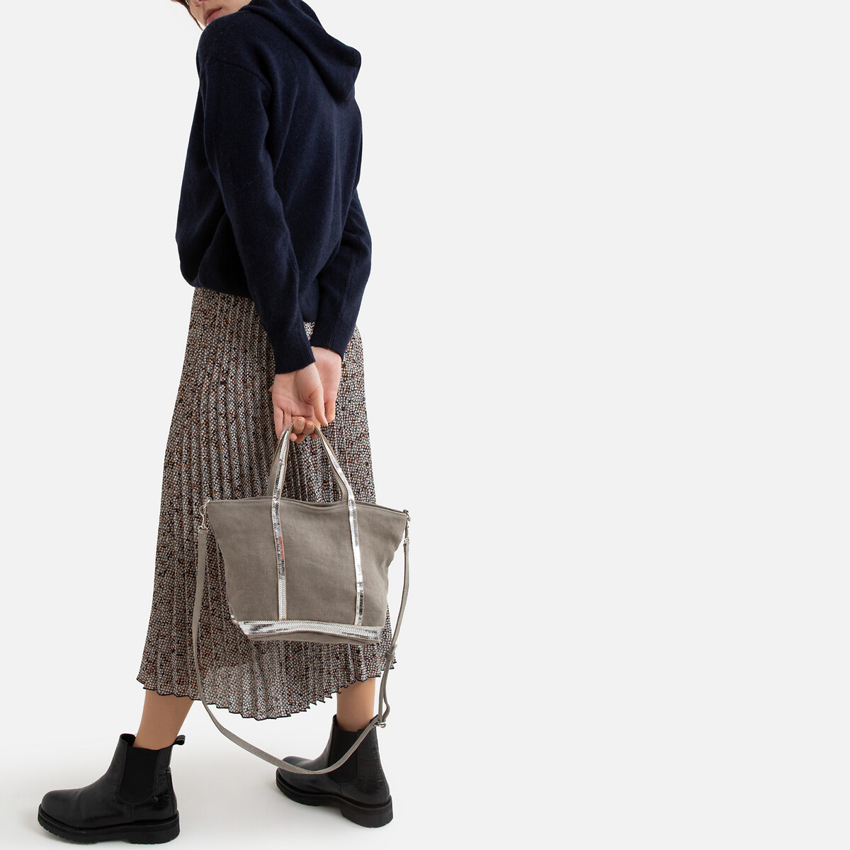 Linen Sequined Tote Bag with Shoulder Strap
