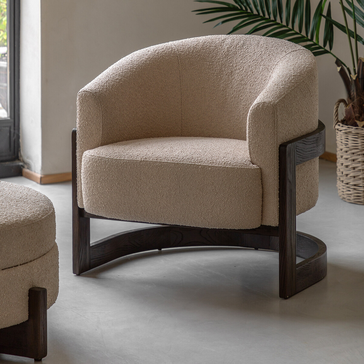 Cerron Rounded Boucle Tub Armchair with Dark Wood Legs, SO'HOME