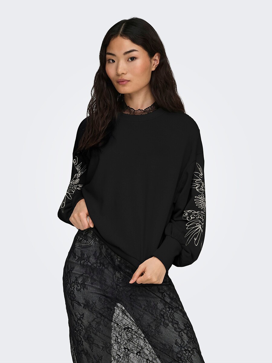 Sweater met ronde hals en geborduurde mouwen, ONLY