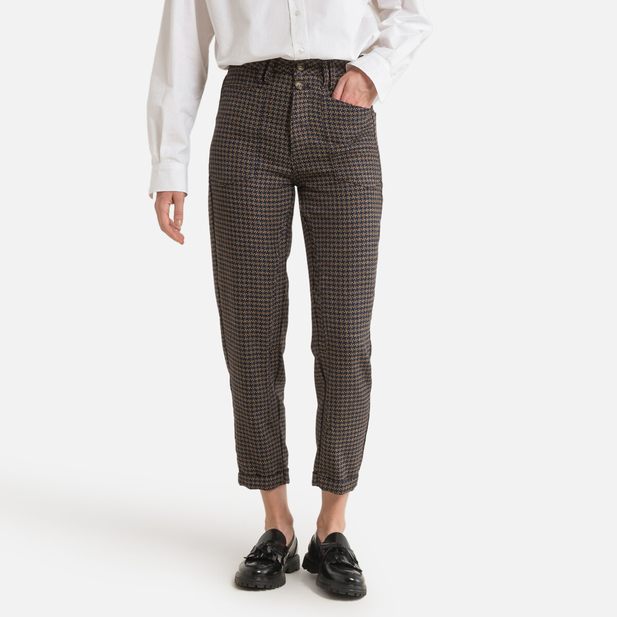 Gingham Print Straight Trousers, Length 27"