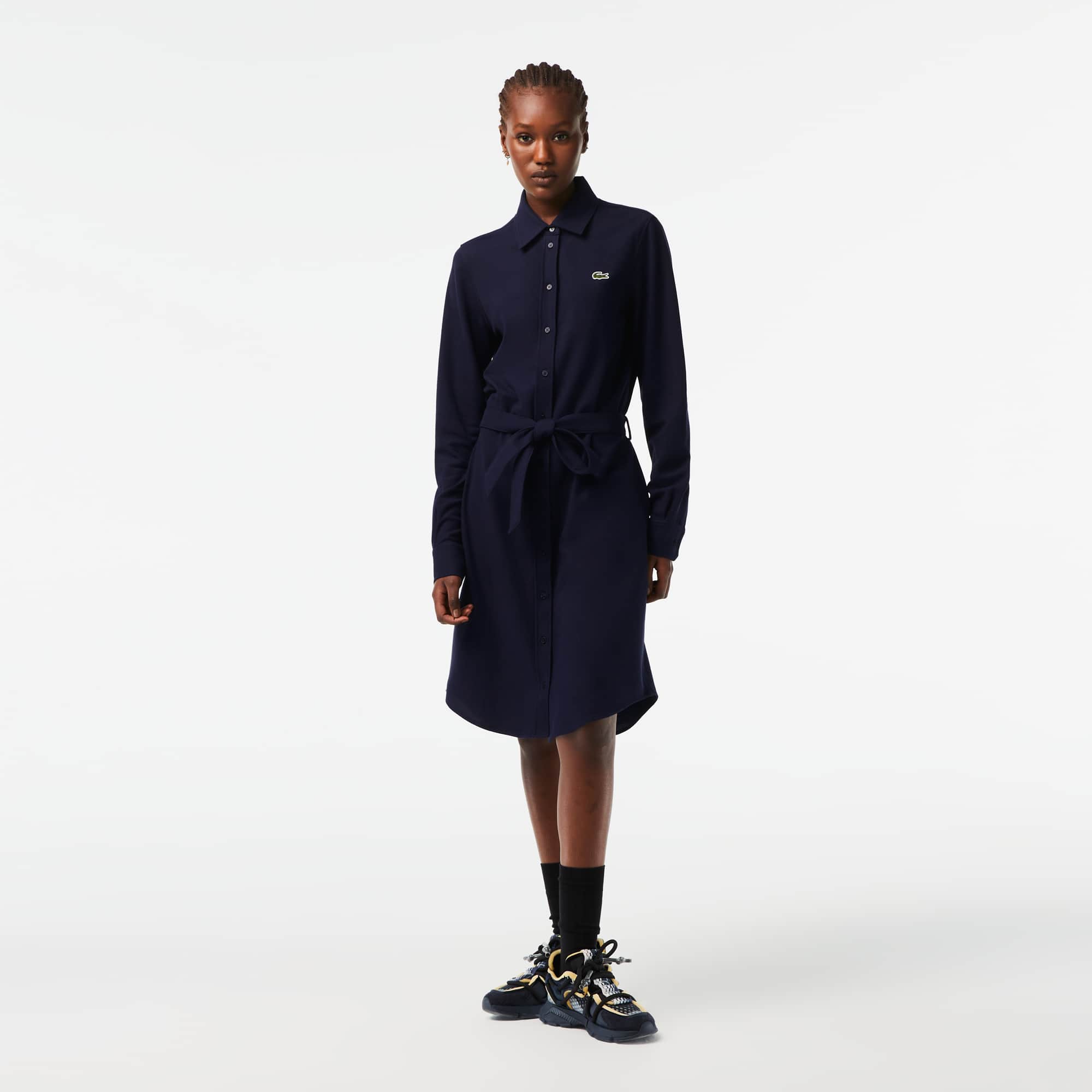 Robe polo avec taille ajustable en piqué de coton, LACOSTE