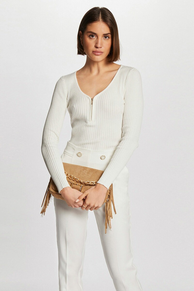 Zipped V-Neck Jumper in Ribbed Knit, MORGAN