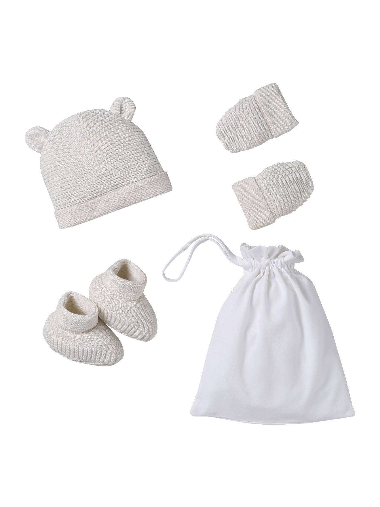 Ensemble bonnet, moufles et chaussons en coton bio et son pochon, VERTBAUDET