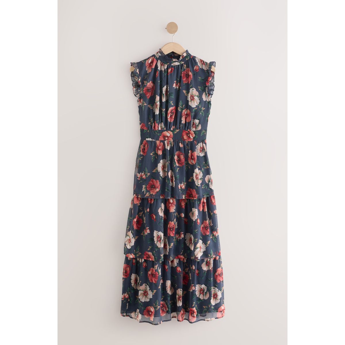 Robe longue imprimée à col montant et volants, NEXT