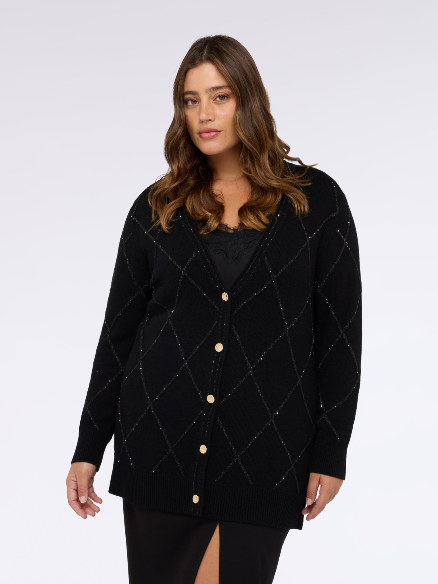 Cardigan en maille avec motif à losanges et paillettes, FIORELLA RUBINO