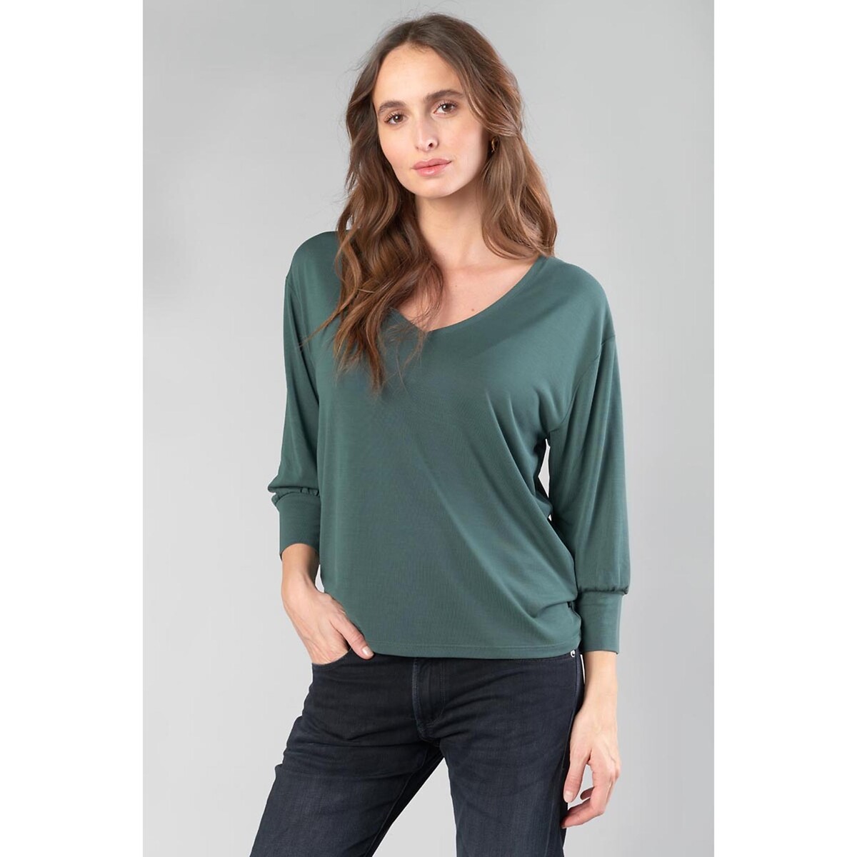 V-Neck T-Shirt with 3/4 Length Sleeves