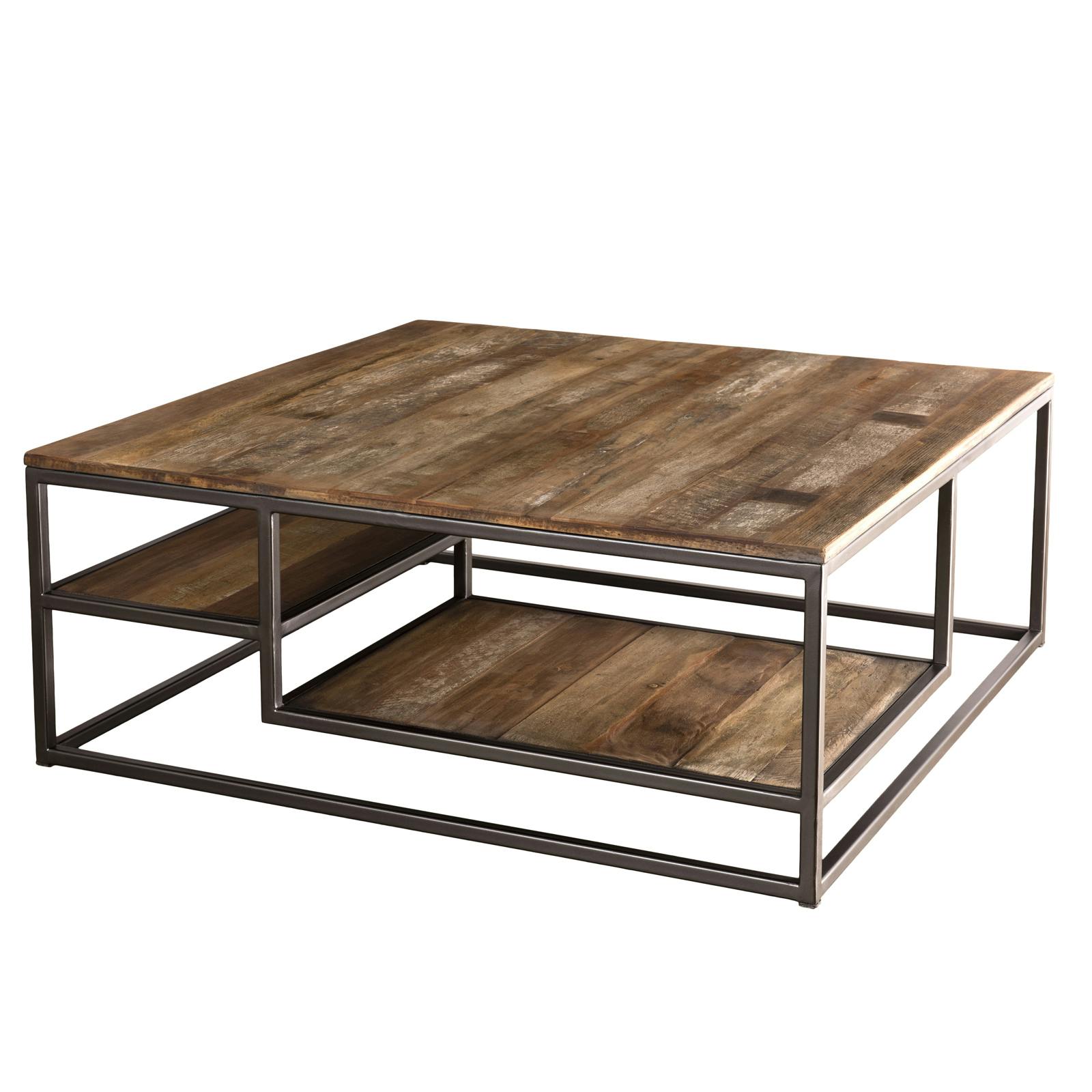 Table basse carrée 100cm 3 plateaux déstructurés bois et métal style industriel contemporain SWING, PIER IMPORT