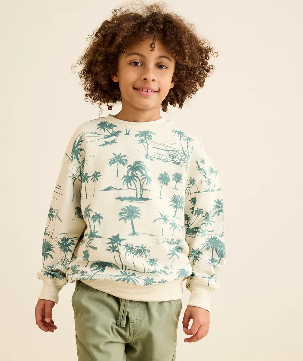 Palm Tree Print Crew Neck Sweatshirt, TAPE A L'OEIL