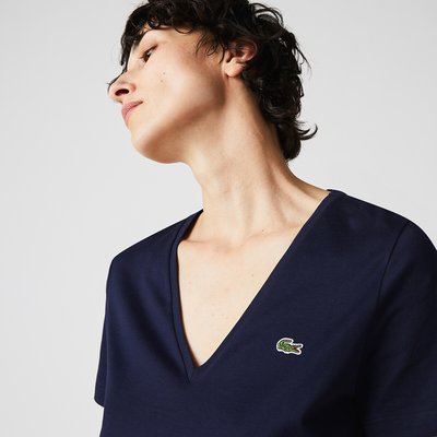 Embroidered Logo Cotton T-Shirt in Loose Fit with V-Neck LACOSTE