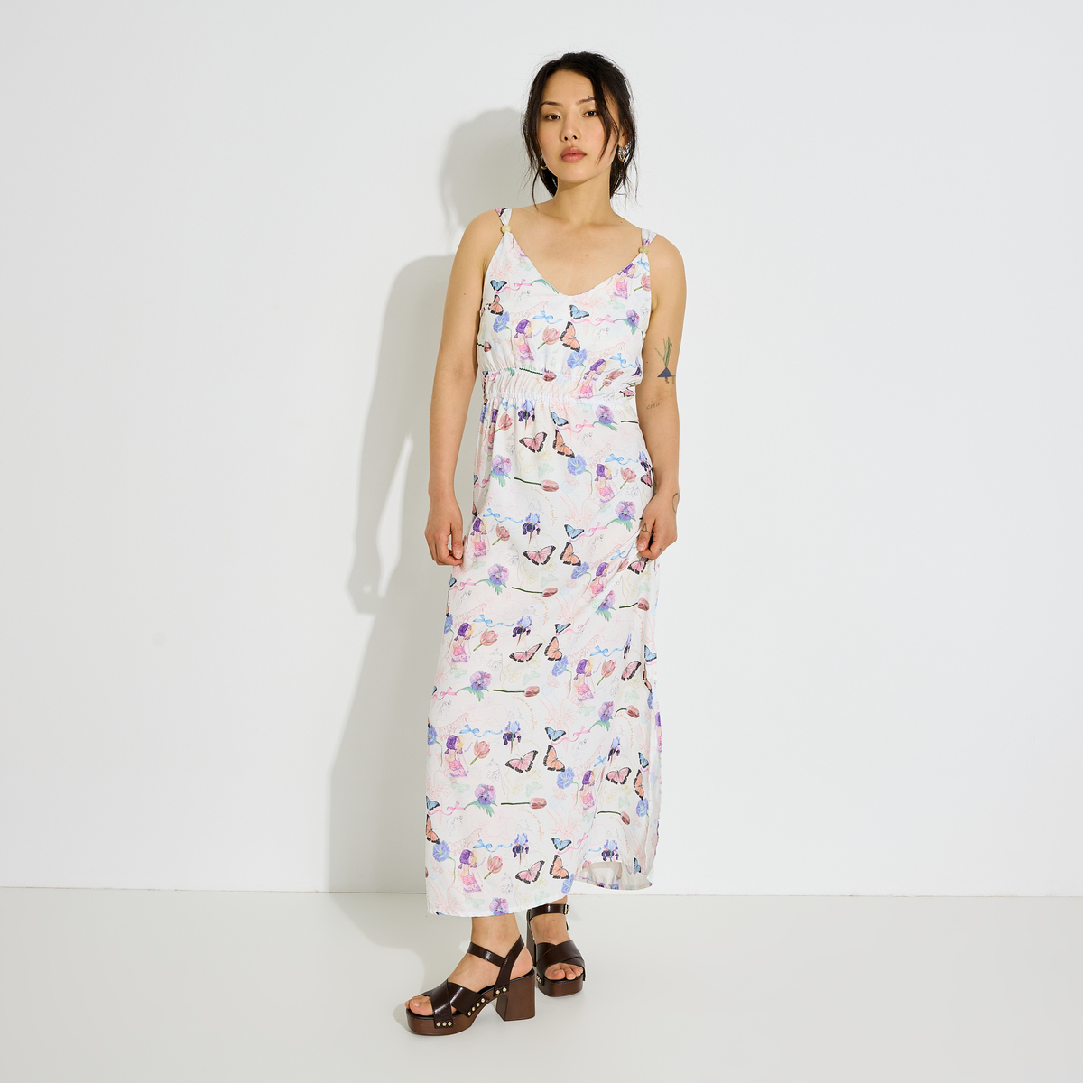 Robe longue fluide imprimée à bretelles, GRAIN DE MALICE
