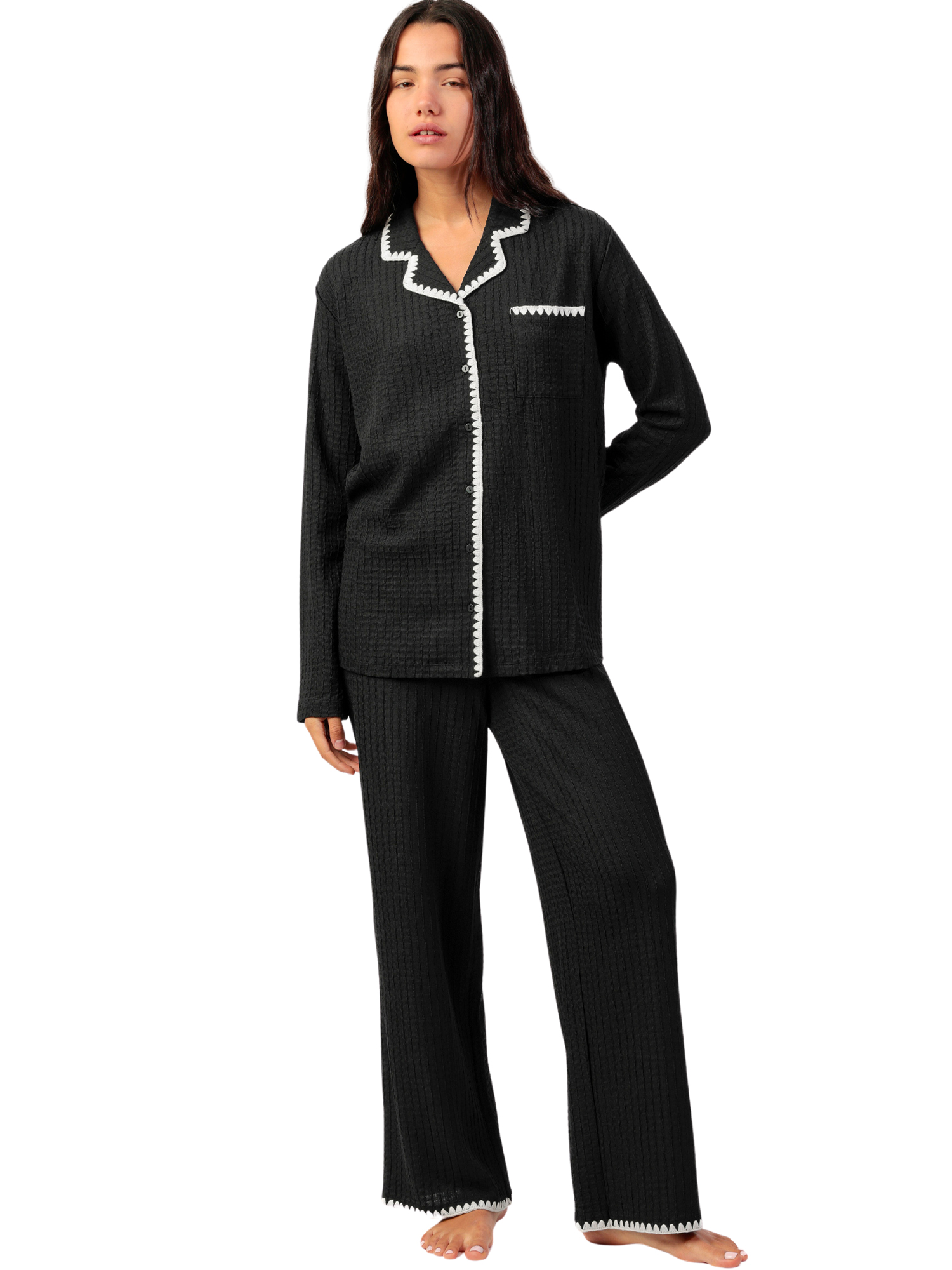 Pyjama pantalon large et chemise manches longues Stitching, ADMAS