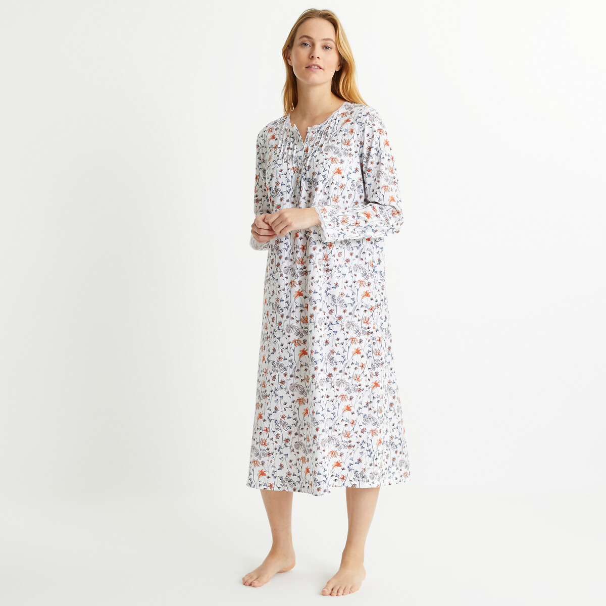 Floral Cotton Nightdress with Long Sleeves