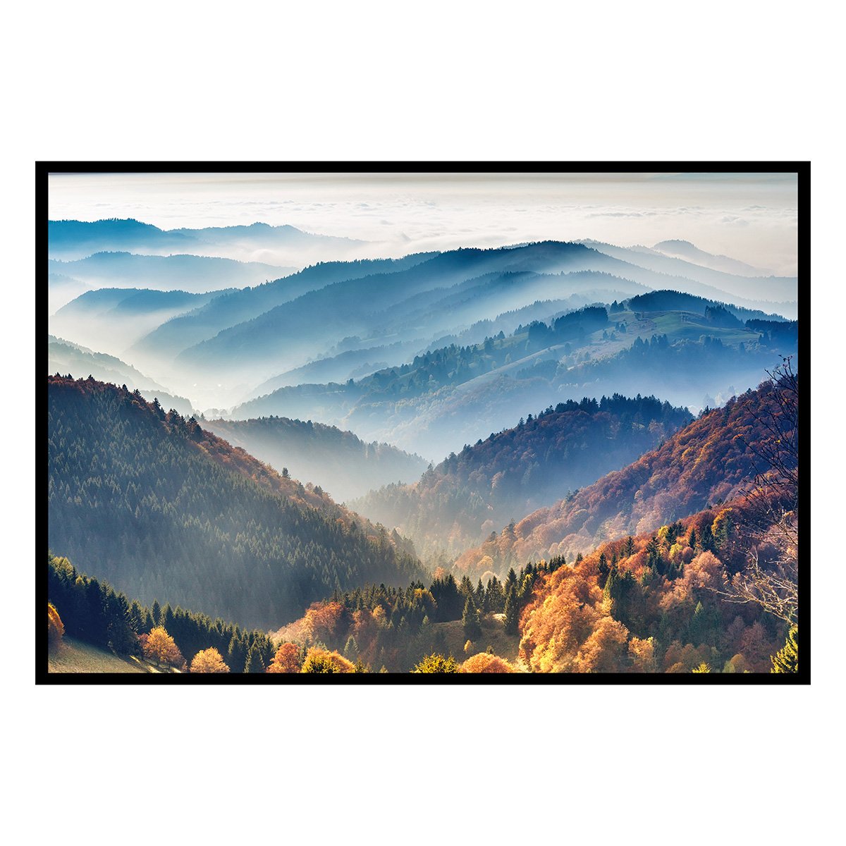 Affiche encadrée Vallée et montagnes dans la brume, HEXOA