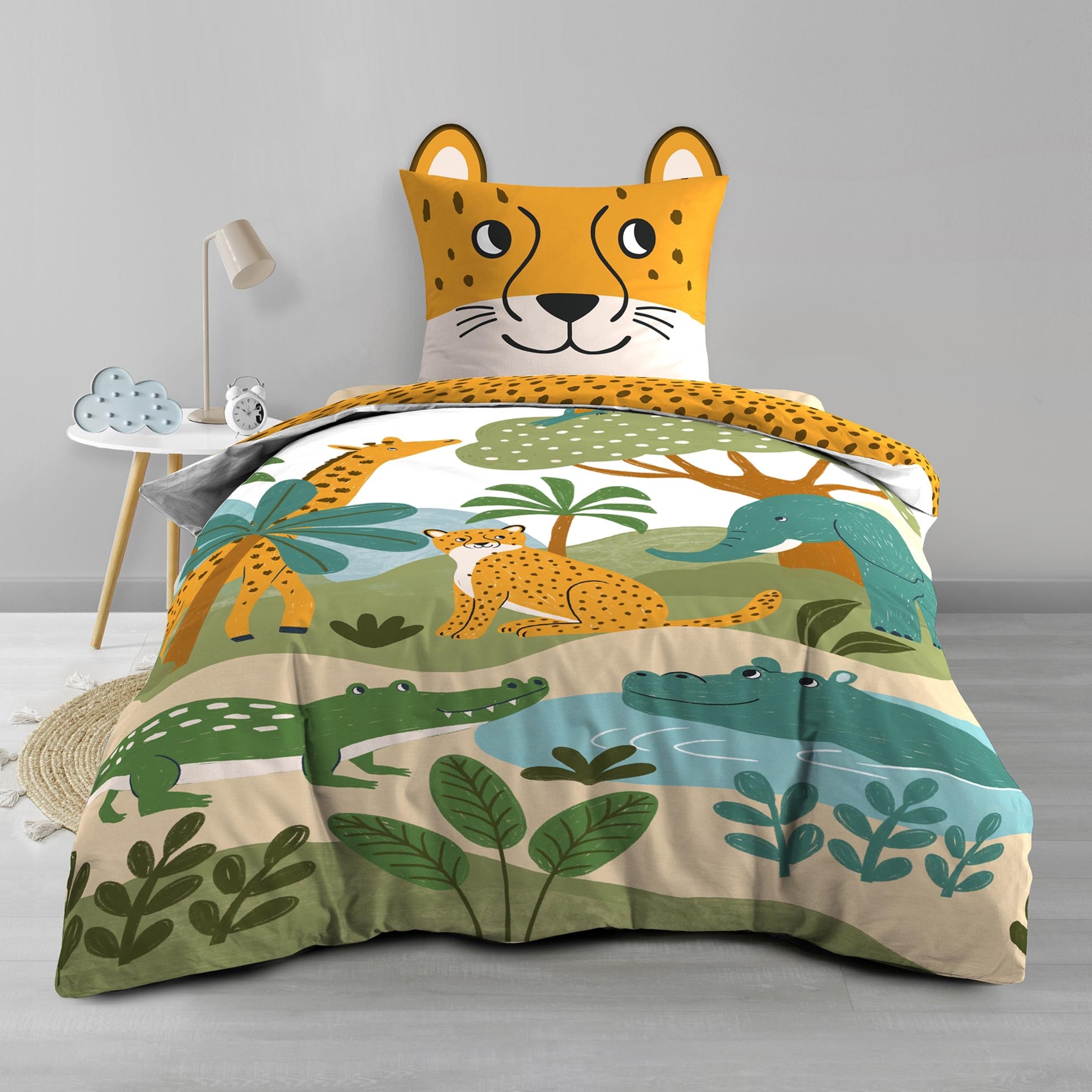 Parure de lit enfant 2 pièces 100 % coton imprimé animaux de la jungle housse + taie, DOUCEUR D'INTÉRIEUR