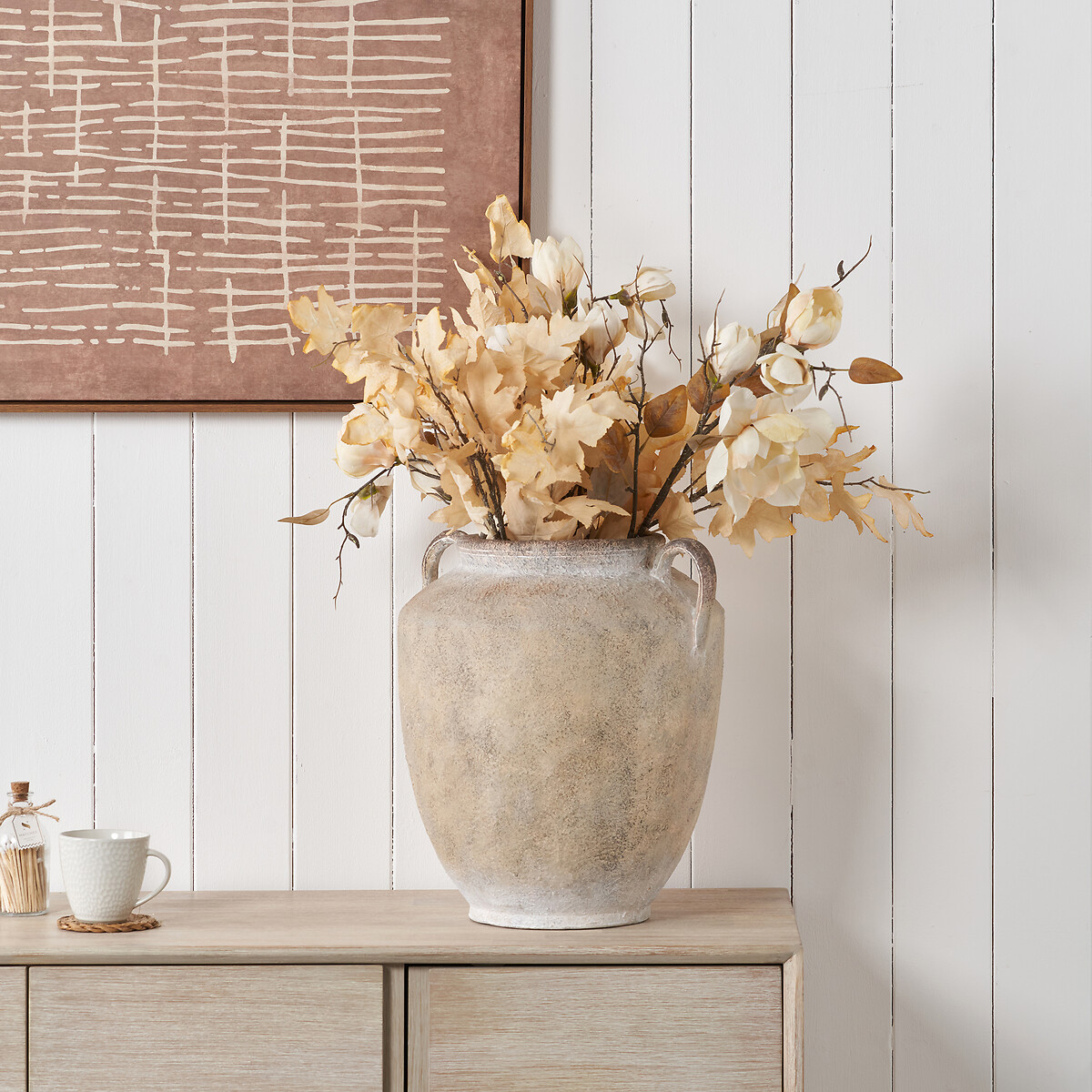 41cm Natural Textured Fibrestone Decorative Vase with Handles, ÉDITÉ
