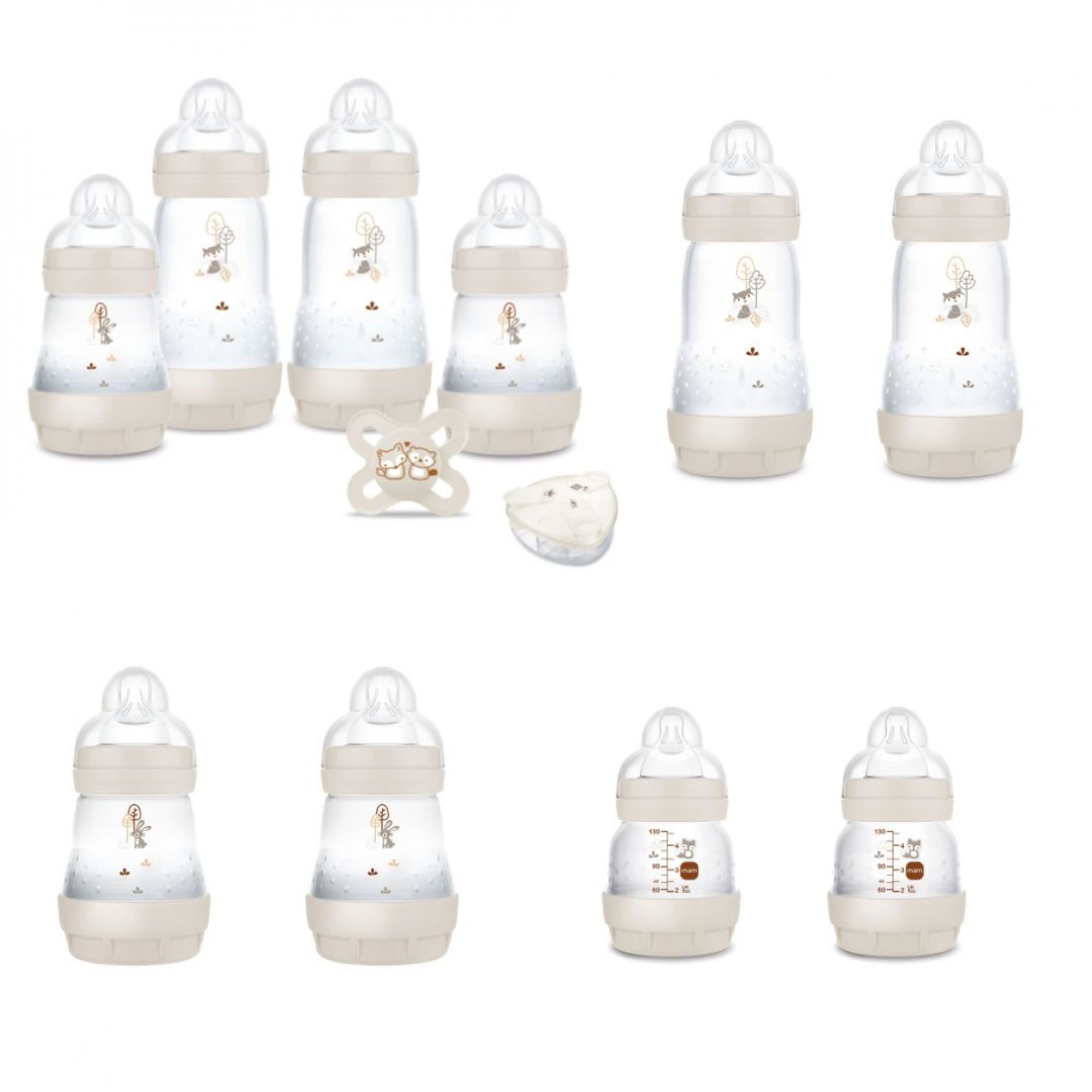 Coffret 10 biberons naissance anti-colique Sable (2*130 4*160 4*260 +1 sucette naissance et 1 boîte doseuse de lait ), MAM