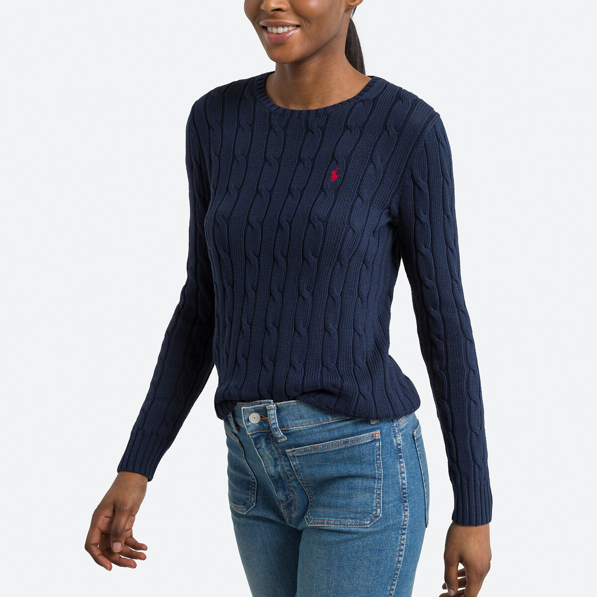 Embroidered Logo Cotton Jumper in Cable Knit with Crew Neck