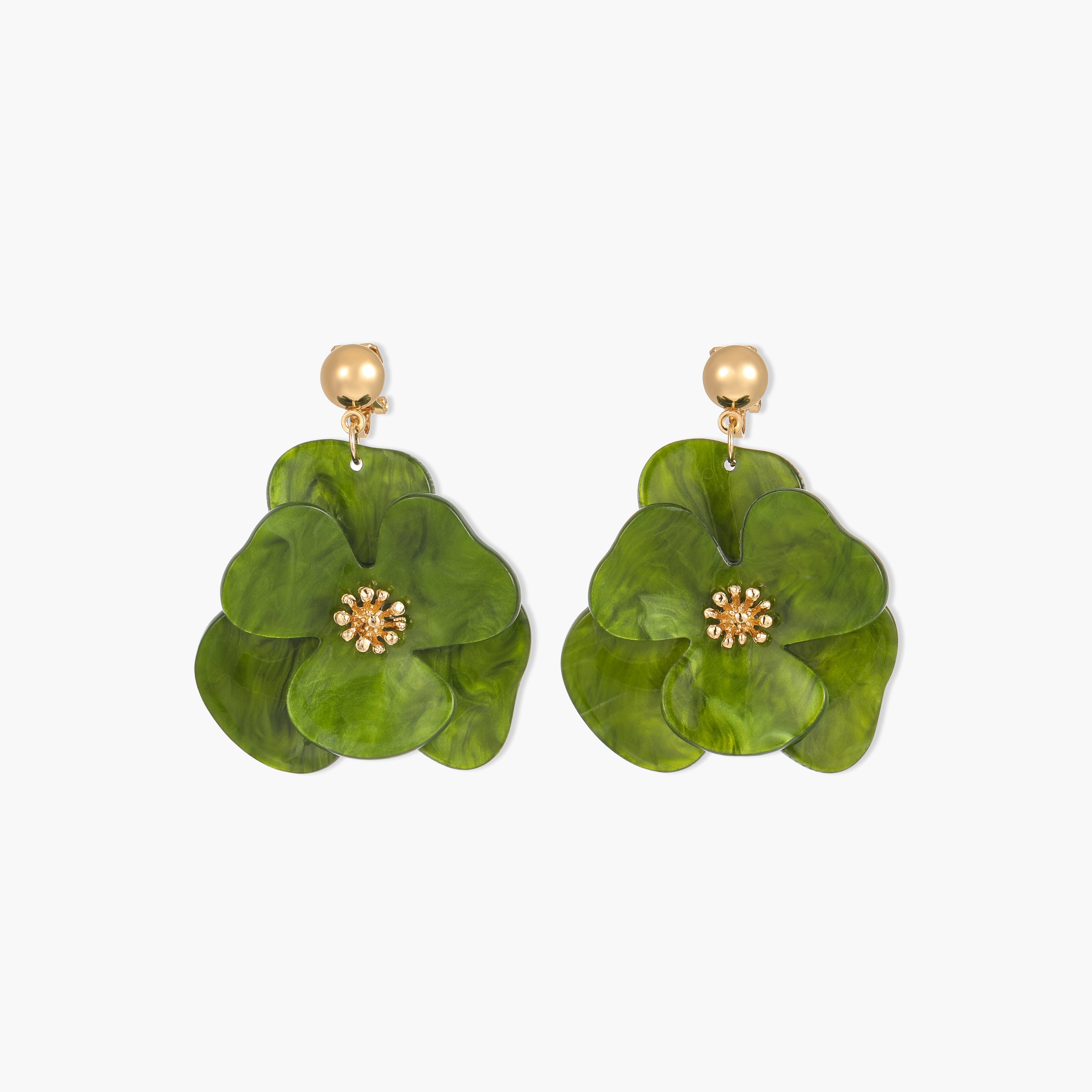 Boucles d'oreilles clips - fleurs en résine vertes, BALABOOSTE