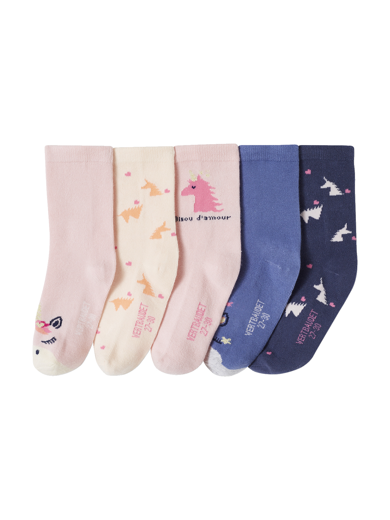 Lot de 5 paires de chaussettes licornes et coeurs, VERTBAUDET