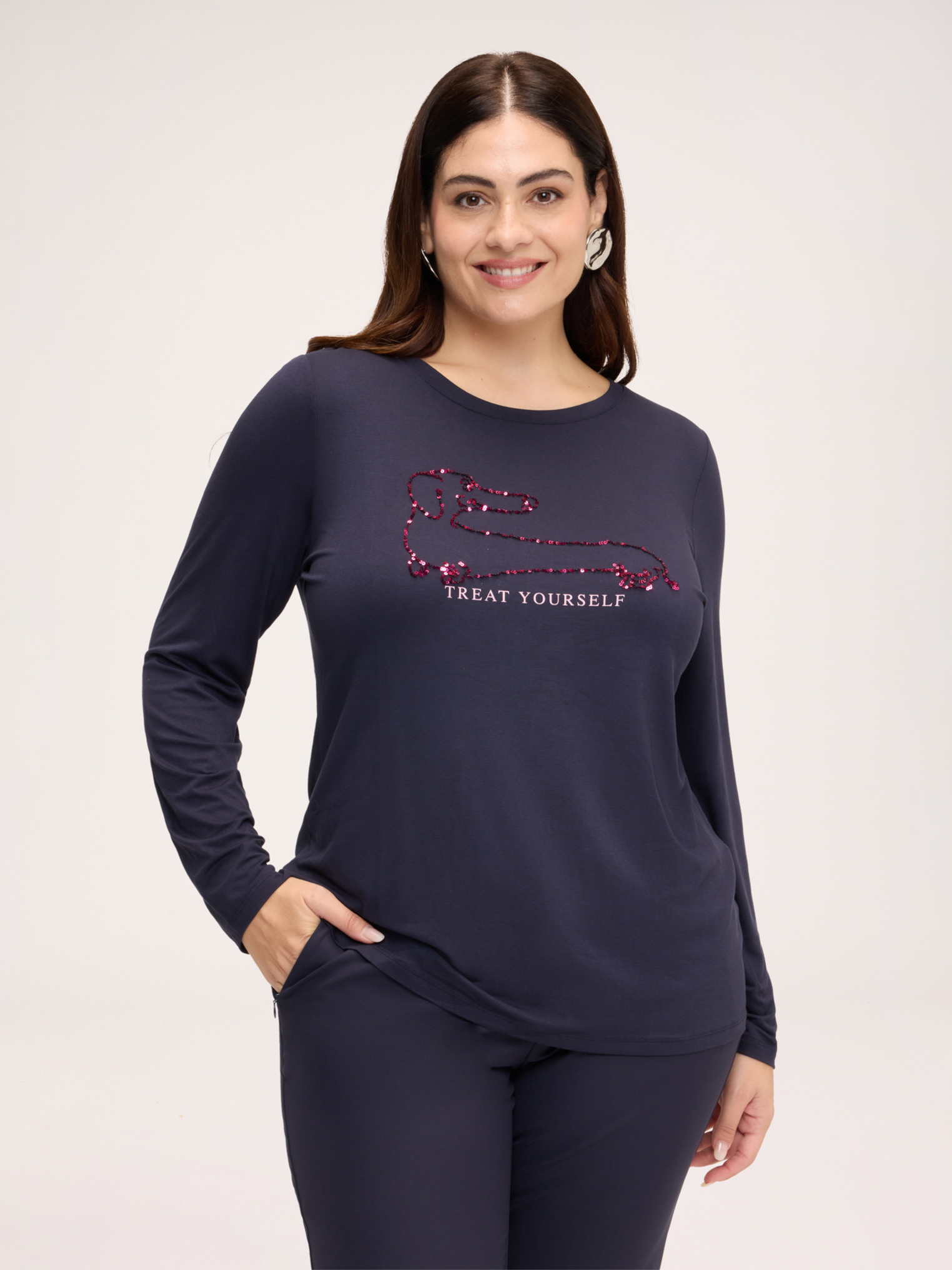 T-shirt avec teckel en paillettes et inscription, FIORELLA RUBINO