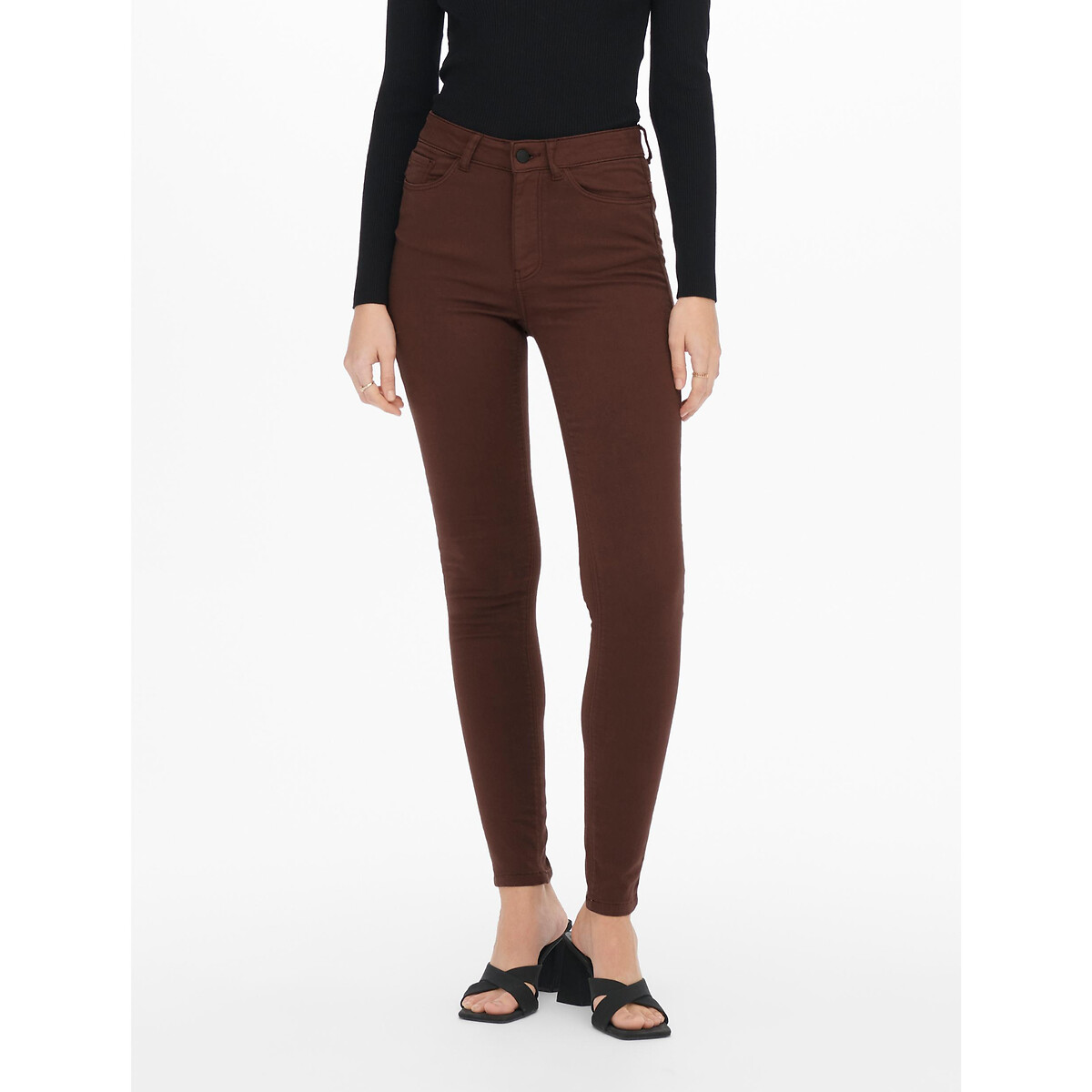 Cotton mix skinny trousers with high waist, brown, Jdy | La Redoute