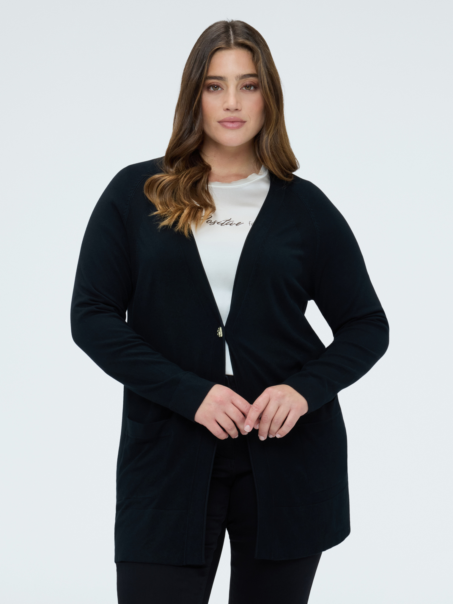 Cardigan long avec encolure en V en maille fine, FIORELLA RUBINO