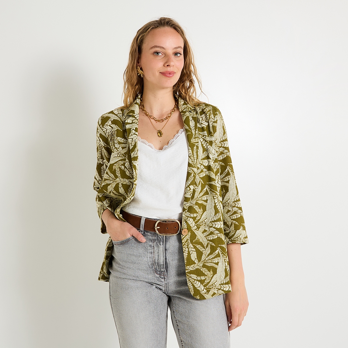 Blazer imprimé mélange lin, GRAIN DE MALICE