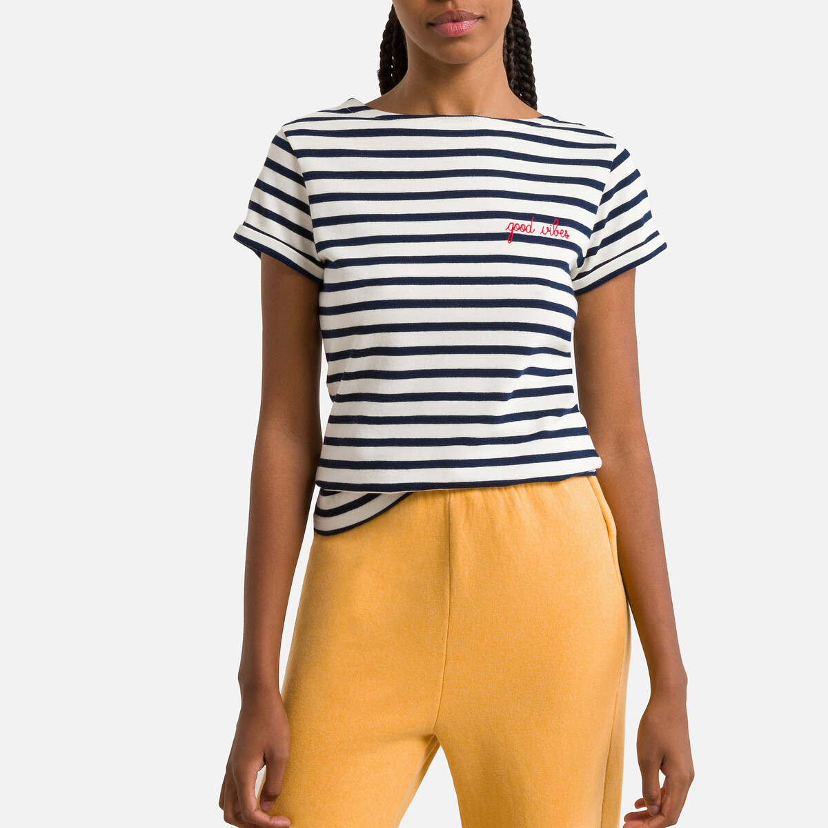 Colombier Breton Striped T-Shirt in Organic Cotton with Good Vibes Embroidery