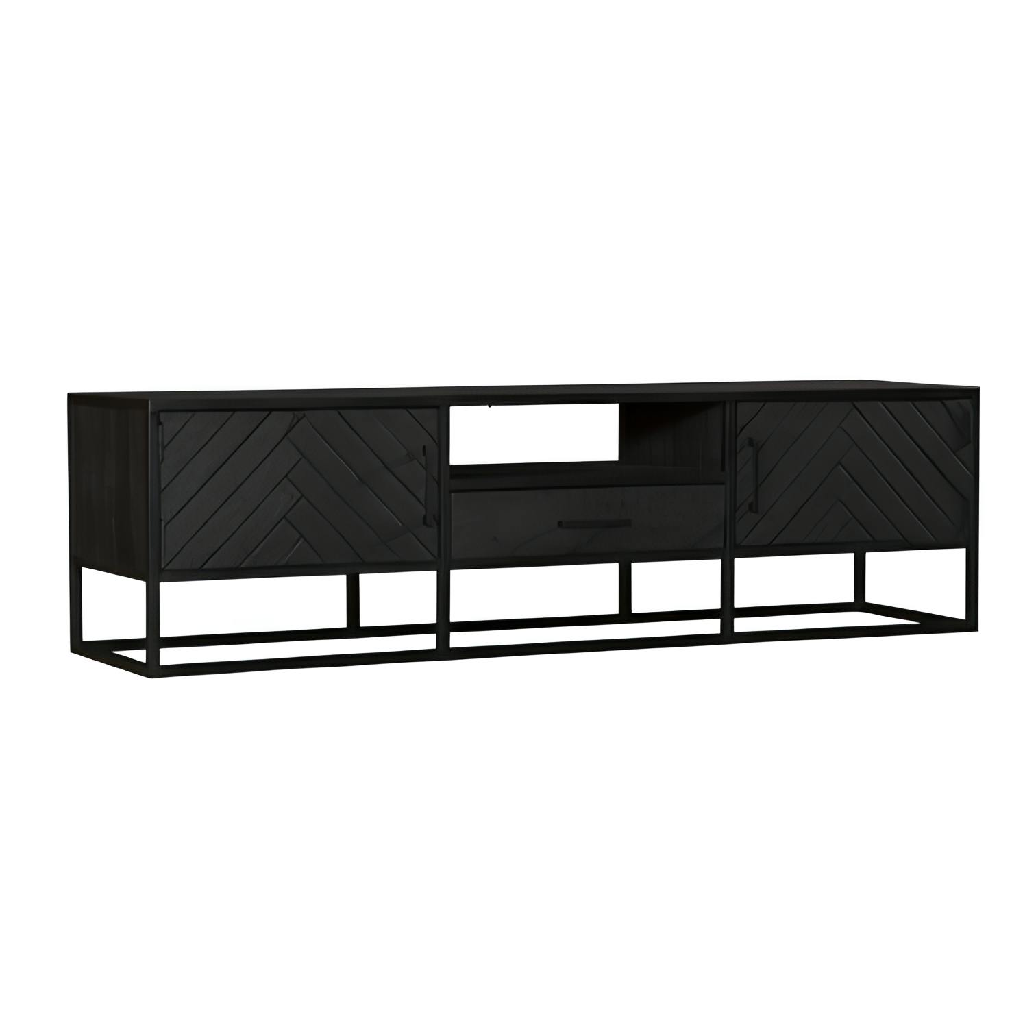Meuble TV bois noir 2 portes motif chevron ALVERA, PIER IMPORT