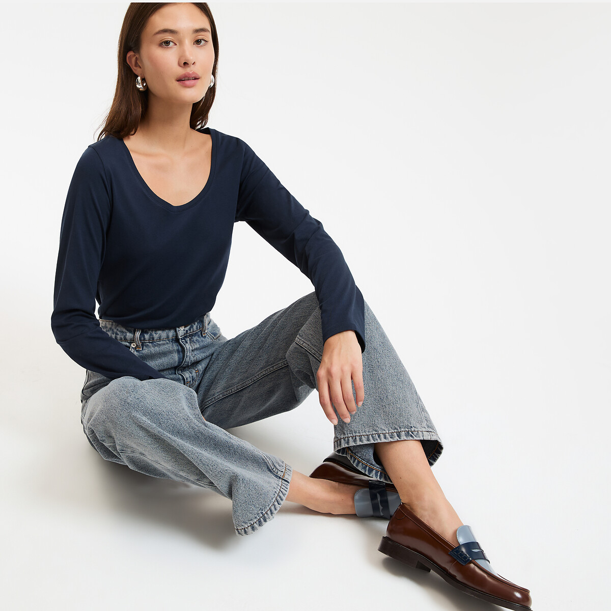 T-shirt en coton bio, col rond, manches longues