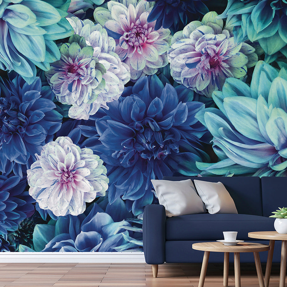 Papier peint panoramique Dahlia Bleu XL - intissé mat 150g, fabriqué en France, LE PAPIERS DE NINON